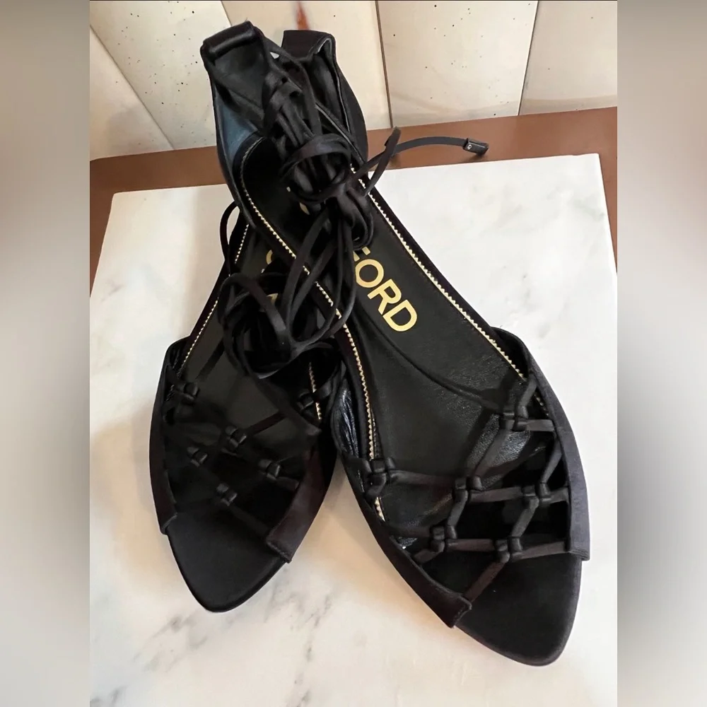 Tom Ford Black Ankle Wrap Sandals - Picture 2 of 9